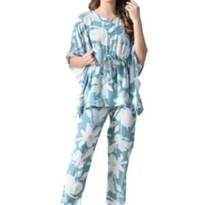 Women Women's Rayon Printed Night Wear Kaftan Top and Trouser Night Suit Set Blue
