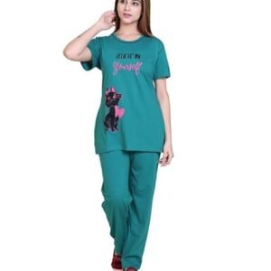 Summer Daily Night Wear Cotton Round Neck Printed Half Sleeve Top& Bottom For Women's