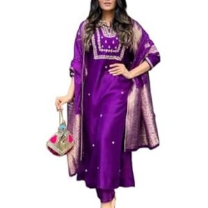 GoSriKi Women's Jagah Silk Blend Straight Embroidered Kurta with Pant & Dupatta