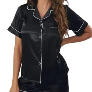 Women's Satin Plain/Solid Relaxed Night Suit Set of Top & Shorts Set Button-Down Silk Pajamas Floral Sleepwear Bridal Pjs Lounge Pj Sets