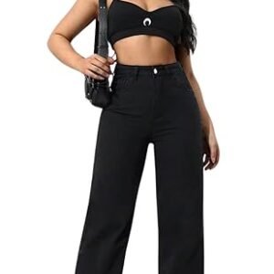 Loose Fit Black Denim Jeans for Women | Straight fit Jeans| Wide Leg | Baggy Jeans | Clean Solid High Waist Loose Fit Pants I Stylish & Trendy Look I for Office Party Home Girls & Women