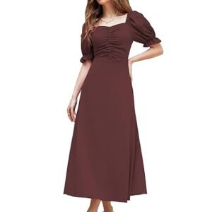 Girl's & Women's Solid A-Line Ruched Puff Sleeve Maxi Long Evening One Piece Long Dress for Women Stylish (Dress 131)