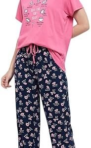 Women Nylon Printed T-Shirt with Drawstring Waist Relaxed Pajamas