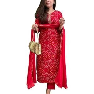 Women's Rayon Viscose Straight Bandhej Printed Kurta with Pant & Dupatta