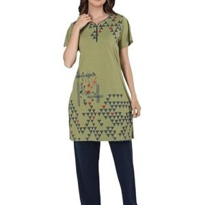 Women's Cotton Printed & Embroided Long Length Night Suit Set