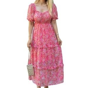 Sheetal Associates Women's Floral Puff Sleeve Waist A Line Flowy Long Dress