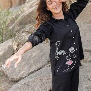 Lotus Art & Craft Women's Cotton Embroidery Co-Ord Set | Casual Wear Pant Top Set | Fancy Co-Ord Set (Black-M)
