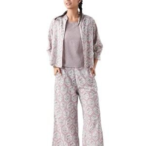 Women's Cotton Printed Three Piece Beige Night Suit Shrug Set