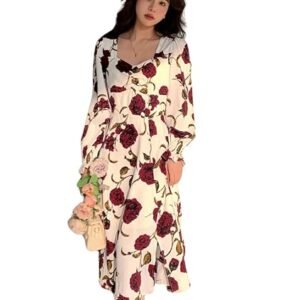 Rayon Floral Printed Dress for Women | Casual, Party, Travel & Office wear | White Color Full Sleeve midi (VVD-72-XL) Below The Knee