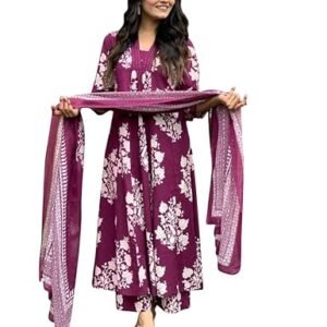 Toochki Women's Rayon Viscose Anarkali Printed Kurta with Palazzo & Dupatta Wine