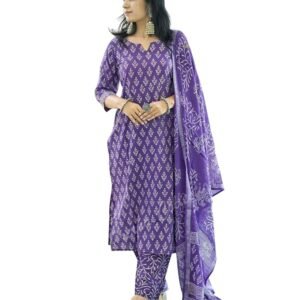 Women's Cotton Printed Straight Kurta with Palazzo & Dupatta Set