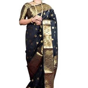 Women's Banarasi Silk Saree with Intricate Gold Zari Weaving & Unstitched Blouse Piece – Traditional Indian