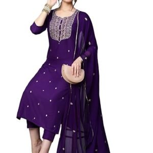 Women's Cotton Blend Embroidered Straight Kurta with Pant & Dupatta