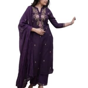 PURVIDHA Women's Rayon Slub Embroidered Collor Neck 3/4th Sleeves Straight Kurta with Pant and Dupatta Sets