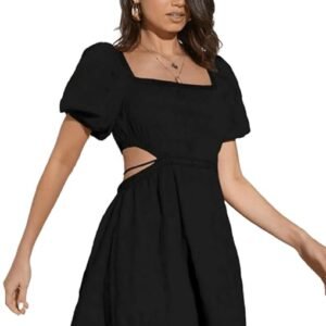 Aahwan Women's & Girl's Fit And Flare Solid Summer Beach Square Neck Puff Sleeve Cut Out Waist Mini Dress
