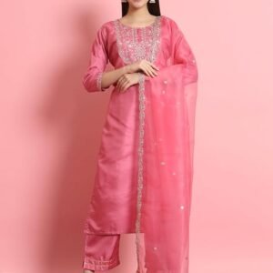 Women's Silk Blend Embroidered Kurta with Pant & Dupatta Set