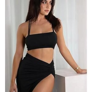 GRECIILOOKS Western Dress for Women Stylish | Black Two-Piece Sleeveless Crop Top and High Slit Skirt | Club & Night Out Dress | Skirt Bodycon Dress for Wome