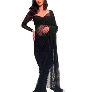 Women's Georgette Sequence Embroidery Lace Saree With Unstitched Blouse Piece