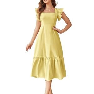 Girl's & Women's Solid Color Square Neck, Ruffle-Trimmed Hem Sleeveless, Ruffle Armhole and Casual Dress with Cinched Waist Vacation Outfits Woman (Dress 162)
