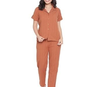 Women's Sassy Stripes Button Me Up Shirt & Pyjama Set - Brown