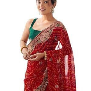 Women's Georgette Bandhani Printed Sequence Embroidery Lace Saree With Unstitched Blouse Piece