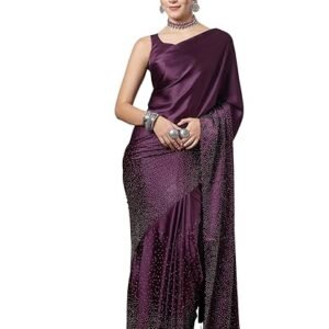 Women's Satin Silk Hot Fixing Stone Work Saree with Unstitched Blouse