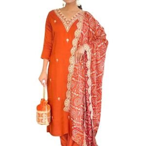 Women's Orange BSY Viscose Embroidered Straight Kurta with BSY Viscose Pant and Silk Blend Embroidered Laced Dupatta Sets