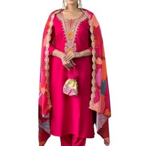 Women's Red Viscose Silk Embroidered Straight Kurta with Pant and Dupatta Sets