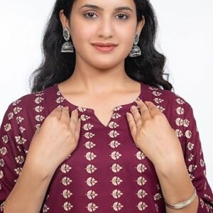 Women's Cotton Short Kurti, Burgundy with Traditional Print, 3/4 Sleeve