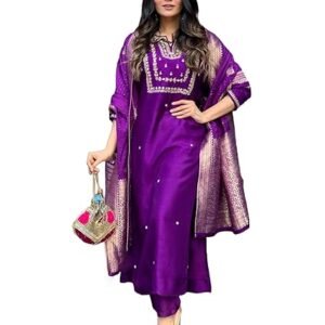 Women's Jagah Silk Blend Straight Embroidered Kurta with Pant & Dupatta