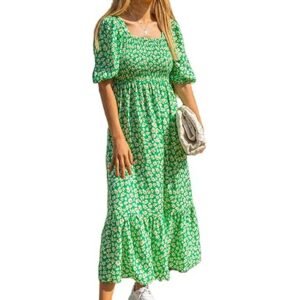 Women's Casual Flower Print Puff Sleeves Maxi Dress - Pack of 1
