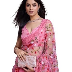 Ekasya Women Net Floral Pattern Embroidery Work Saree With Unstitched Blouse (E6258)