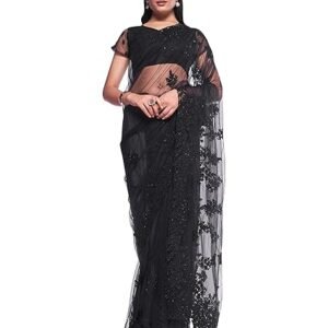 Black Floral Embroidered Net Saree | Unstitched Soft Net Blouse Piece | Elegant Festival & Function Wear Saree