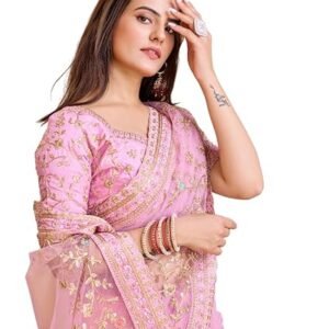 Ekasya Women Soft Net Peach Floral Pattern Embroidery Work Saree with Unstitched Blouse (E5559_4) - Elegant Design, Intricate Embroidery,