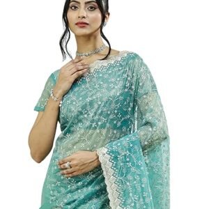 omen's Shimmer Net Embroidery Stone Work Saree