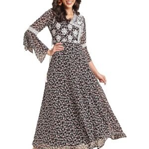 NAINVISH Women's Georgette Printed & Embroidered Flared Georgette V-Neck Gown (SD641_G-L_Black)