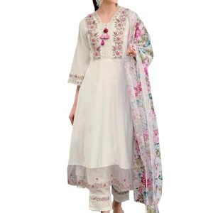 Women's Silk Blend Embroidered A-Line Kurta Pant with Dupatta Set
