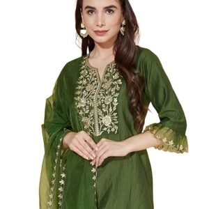 Women's Silk Blend Embroidery Straight Kurta with Pant & Dupatta
