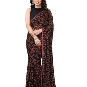 Readymade Pleated Pre Drape Stitched Floral Printed Georgette Saree For Women's With Lace Border & Blouse(Ready To Wear One Minute)