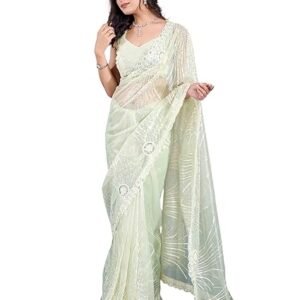 Peachmode Sequin Embroidered Twill Net Saree for Women with Unstitched Blouse Piece | Luxury Wedding Saree