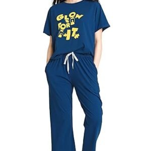 Night Suit for Women's Typography Printed Cotton Night Dress of Top and Wide Bottom Pyjama