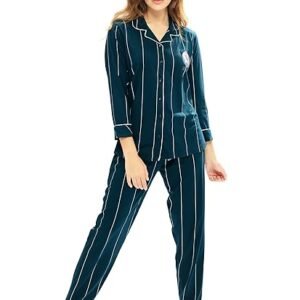 Women's Cotton Strip Printed Front-Open Full Sleeve Nightsuit