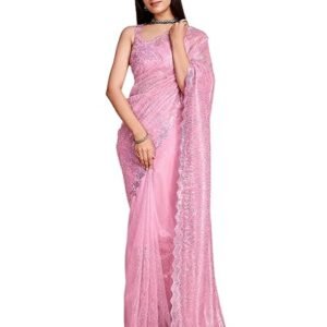 Sequin Embroidered Silver Twill Net Saree for Women with Unstitched Blouse Piece |