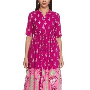 Women Below The Knee Placet Border Printed Button Down A-line Dress
