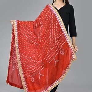 Attnico Women's Jaipuri Rajasthani Art Silk Polka Dots Printed Bandhani Bandhej Heavy Dupatta With Gota Patti Border Work And 2 Latkan (Free Size)