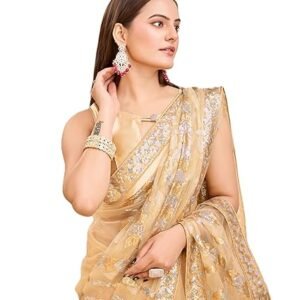 Women Beautiful Soft Net Golden Color Trendy Embroidery Latest Saree