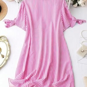Leriya Fashion Striped Shirt Style Mini Dress for Women | Collared Casual A-Line | Tunic with Tie Sleeves & Front Buttons