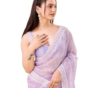 Women Soft Gold Net Polka Dots Pattern Embroidery Work Traditional Stylish saree