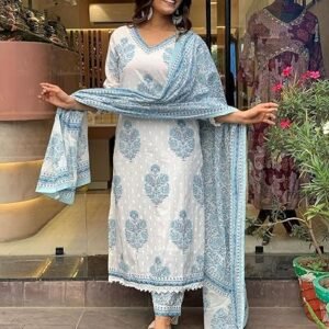 Nermosa Women Cotton Block Printed Kurta Pant With Dupatta