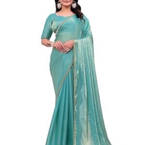 Women's Shimmer Chiffon soft silk two tone saree with Lace Boarder Shiny Stone and Diamond Work Saree With Unstitched Blouse Piece(5.5 mt Saree with 0.8 mt blouse piece)